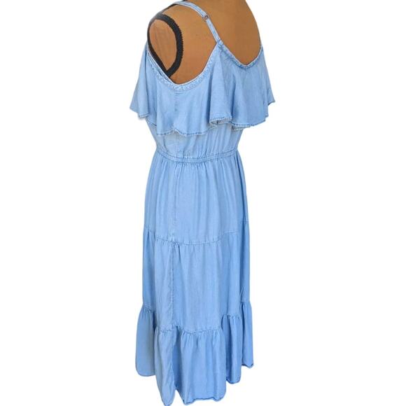 Strappy Tiered Ruffle Trim Sundress XS Old Navy Tencel Cowgirl Boho Chambray Y2K - Picture 3 of 14